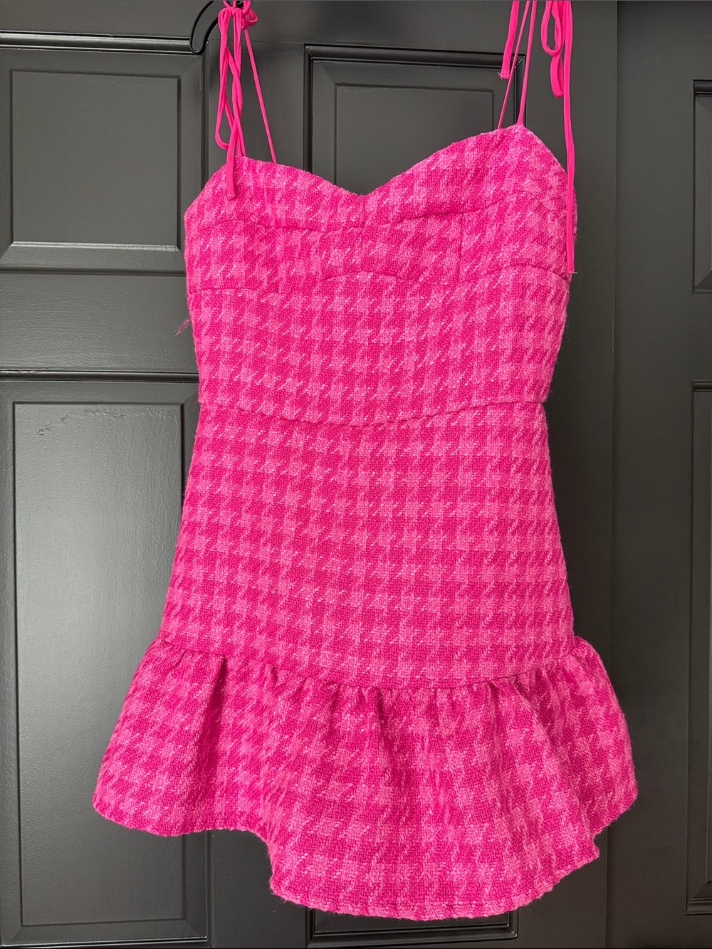 Hot Pink Houndstooth Mini Dress with Tie Straps